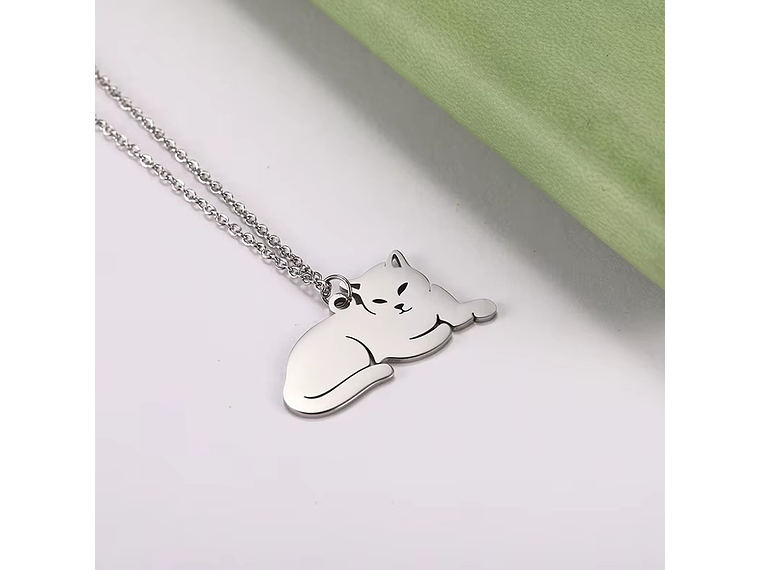 Collar Gato Acostado Gatito Acero Plateado 4
