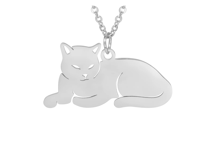 Collar Gato Acostado Gatito Acero Plateado 5
