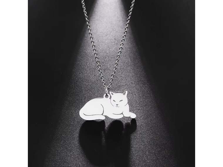 Collar Gato Acostado Gatito Acero Plateado 6