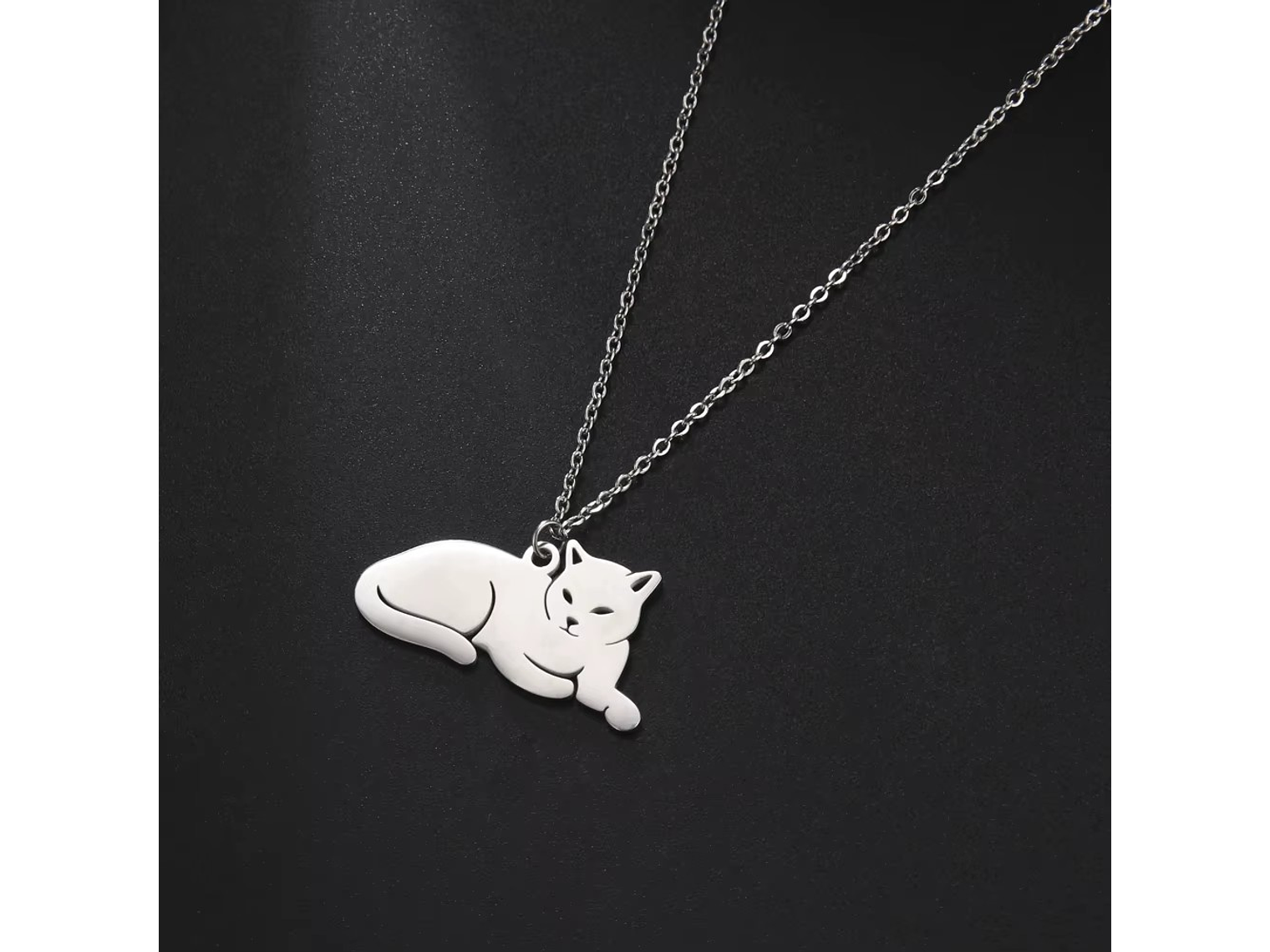 Collar Gato Acostado Gatito Acero Plateado 8