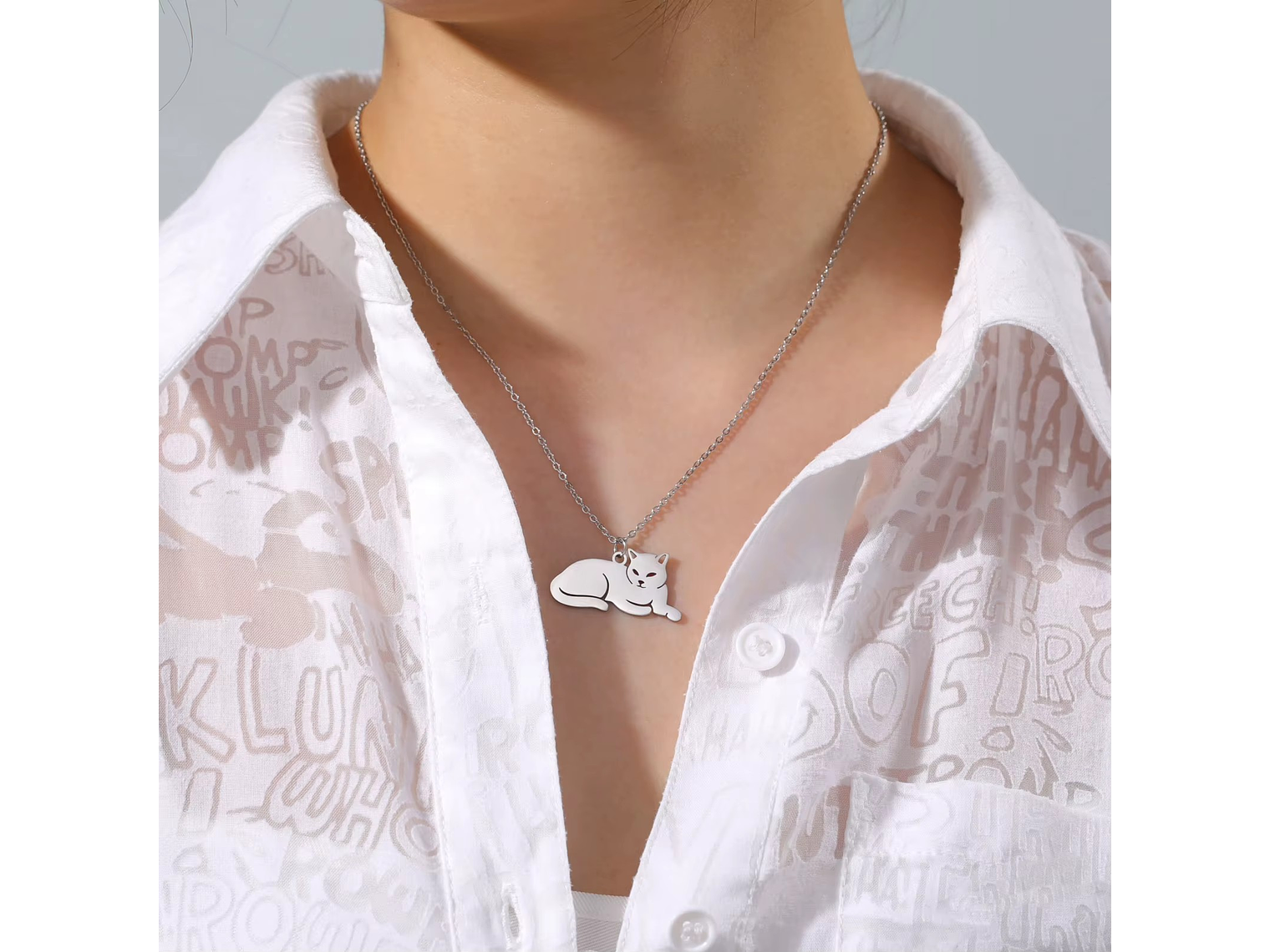 Collar Gato Acostado Gatito Acero Plateado 9