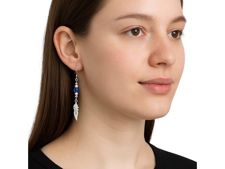 Aros Plata 925 Pluma y Cristal Azul Colgante 2