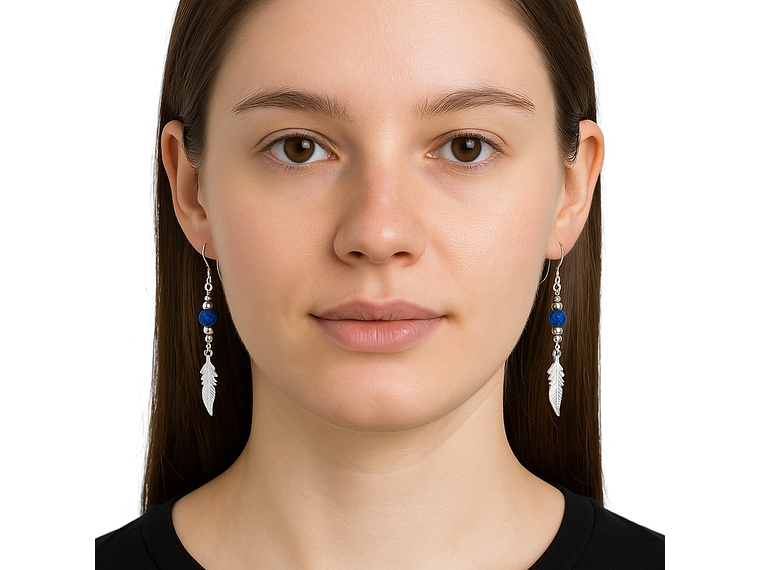 Aros Plata 925 Pluma y Cristal Azul Colgante 3