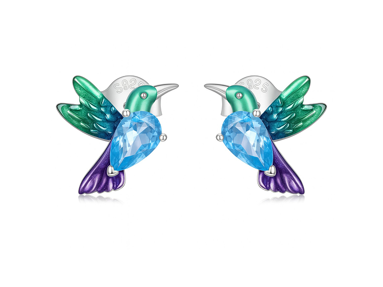 Aros Plata 925 Mini Colibrí Pájaro Multicolor 1