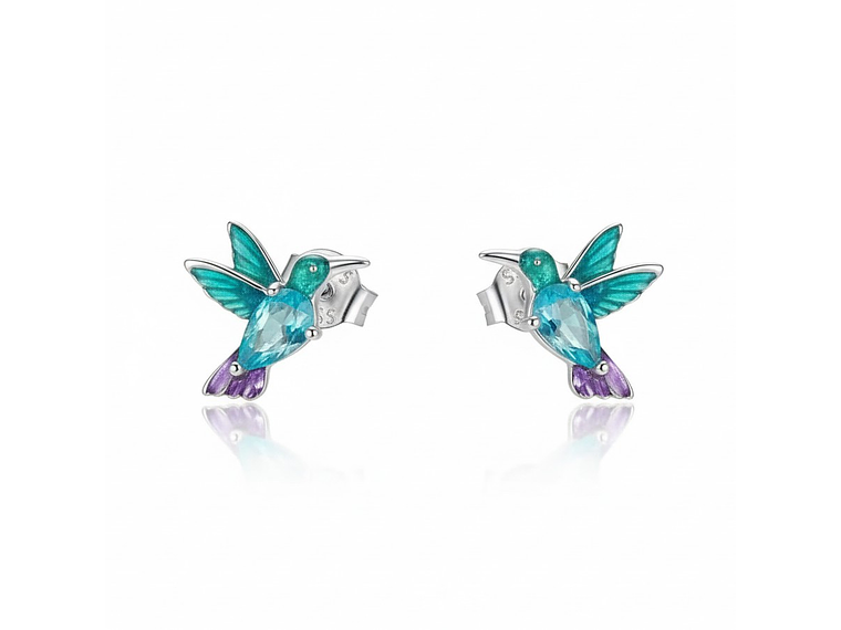 Aros Plata 925 Mini Colibrí Pájaro Multicolor 2