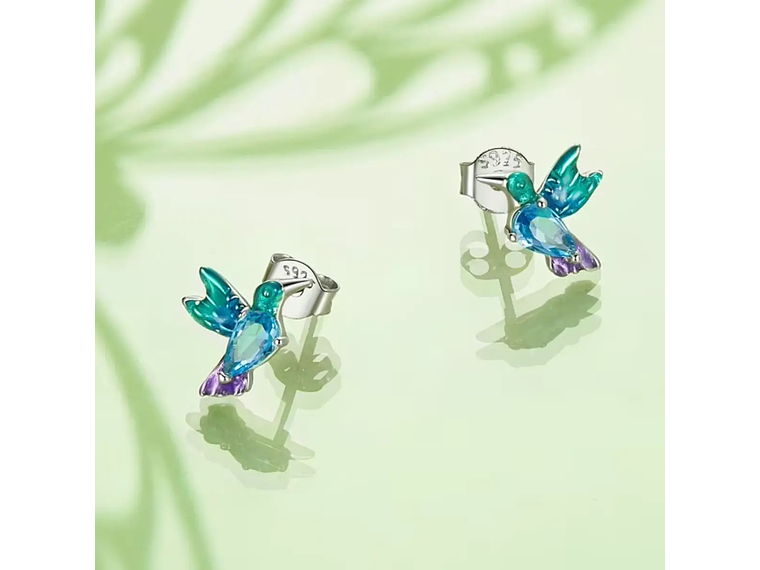 Aros Plata 925 Mini Colibrí Pájaro Multicolor 3