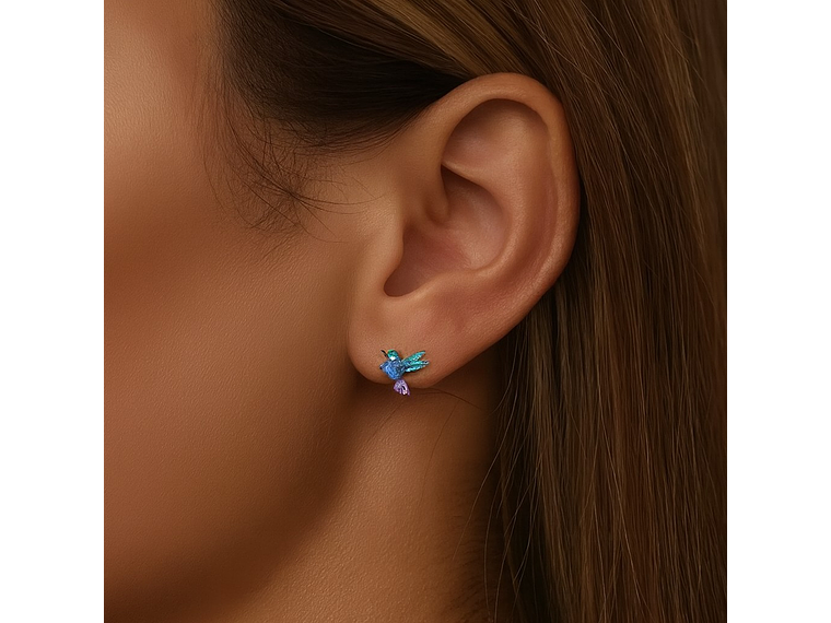 Aros Plata 925 Mini Colibrí Pájaro Multicolor 5