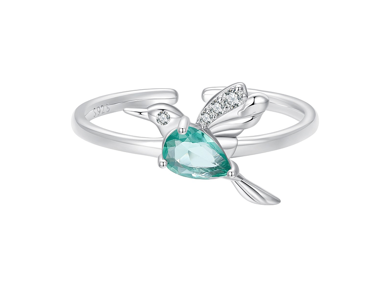 Anillo Plata 925 Colibrí Picaflor Ave Cristal Verde 1