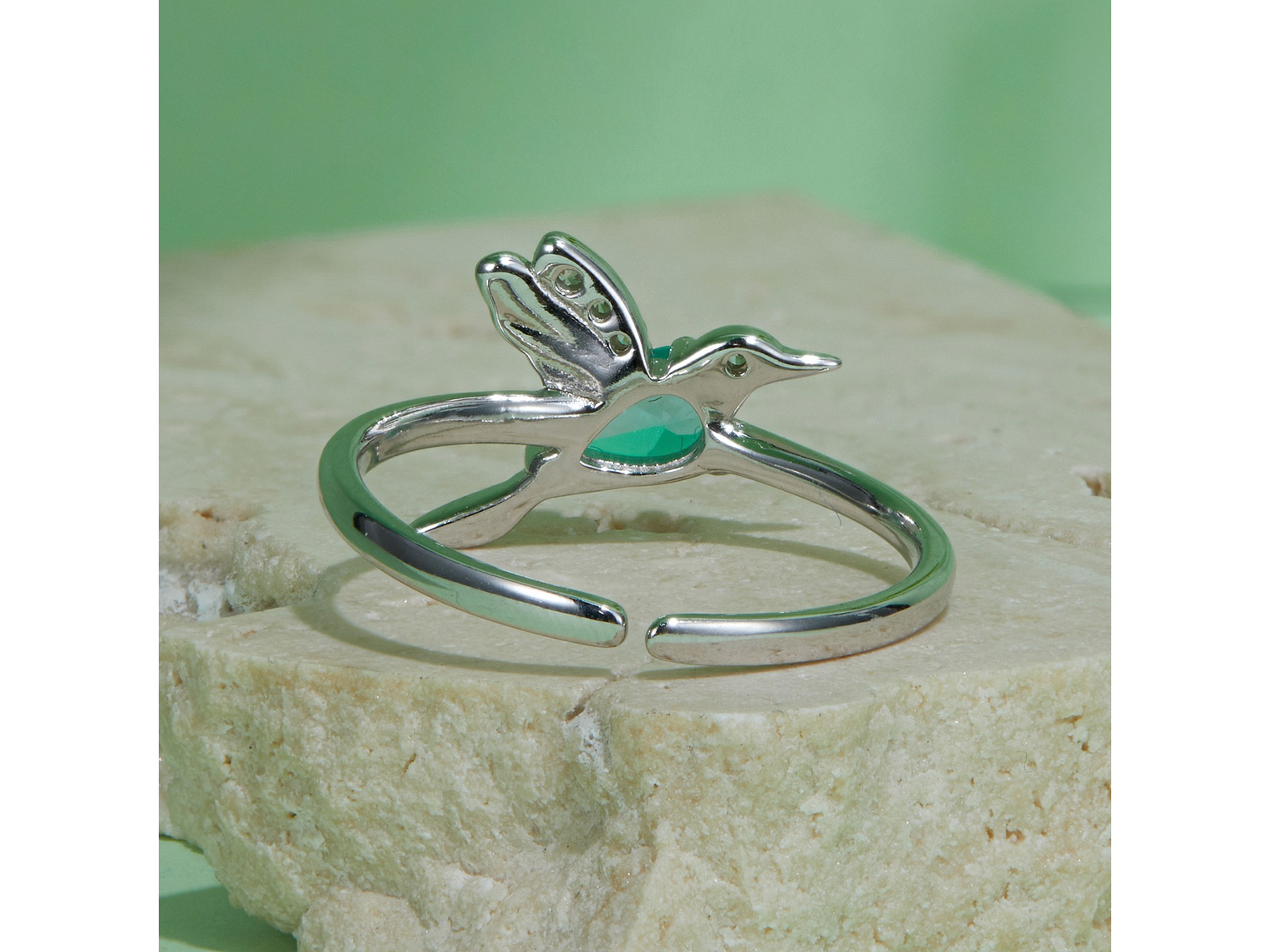 Anillo Plata 925 Colibrí Picaflor Ave Cristal Verde 2