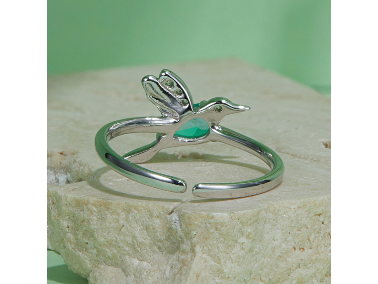 Anillo Plata 925 Colibrí Picaflor Ave Cristal Verde 2