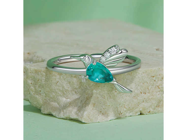 Anillo Plata 925 Colibrí Picaflor Ave Cristal Verde 7