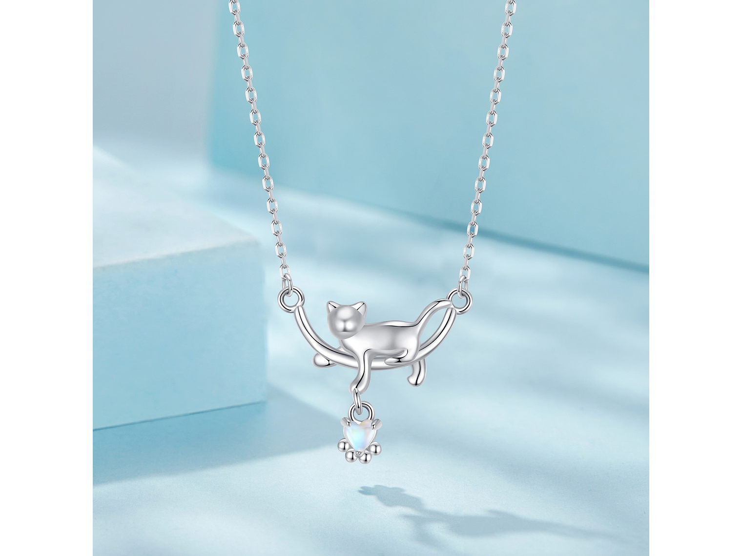 Collar Gato Plata 925 Gatito Jugando Corazon 2