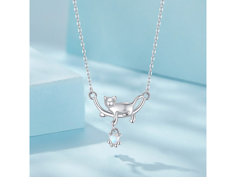 Collar Gato Plata 925 Gatito Jugando Corazon 2