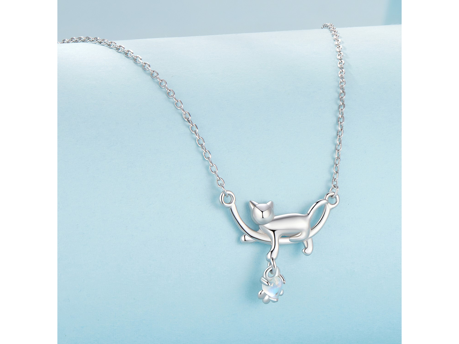 Collar Gato Plata 925 Gatito Jugando Corazon 3