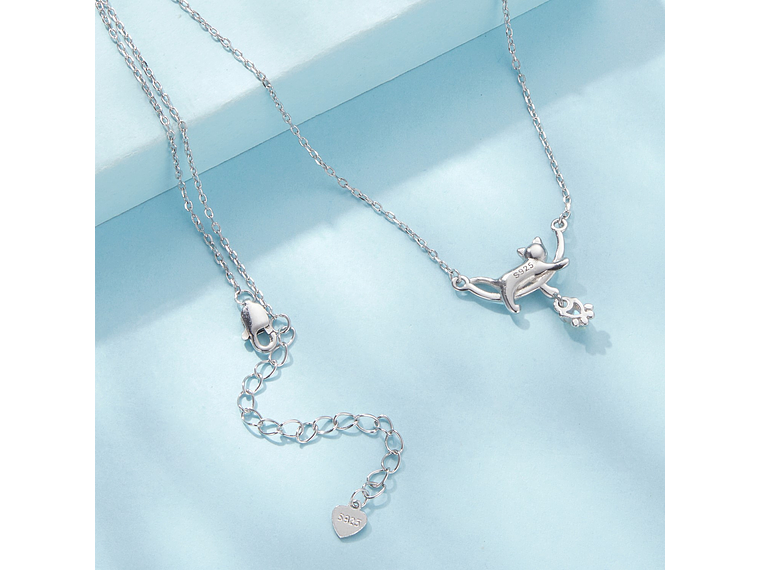 Collar Gato Plata 925 Gatito Jugando Corazon 4