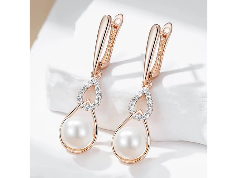 Aros Colgantes Perla y Cirones Dorado Rosa 3