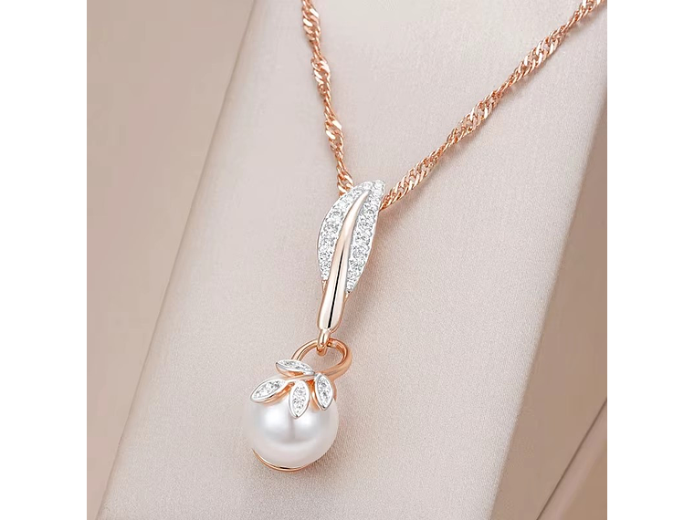 Collar Hojas Perla y Circones Dorado Rosa 6