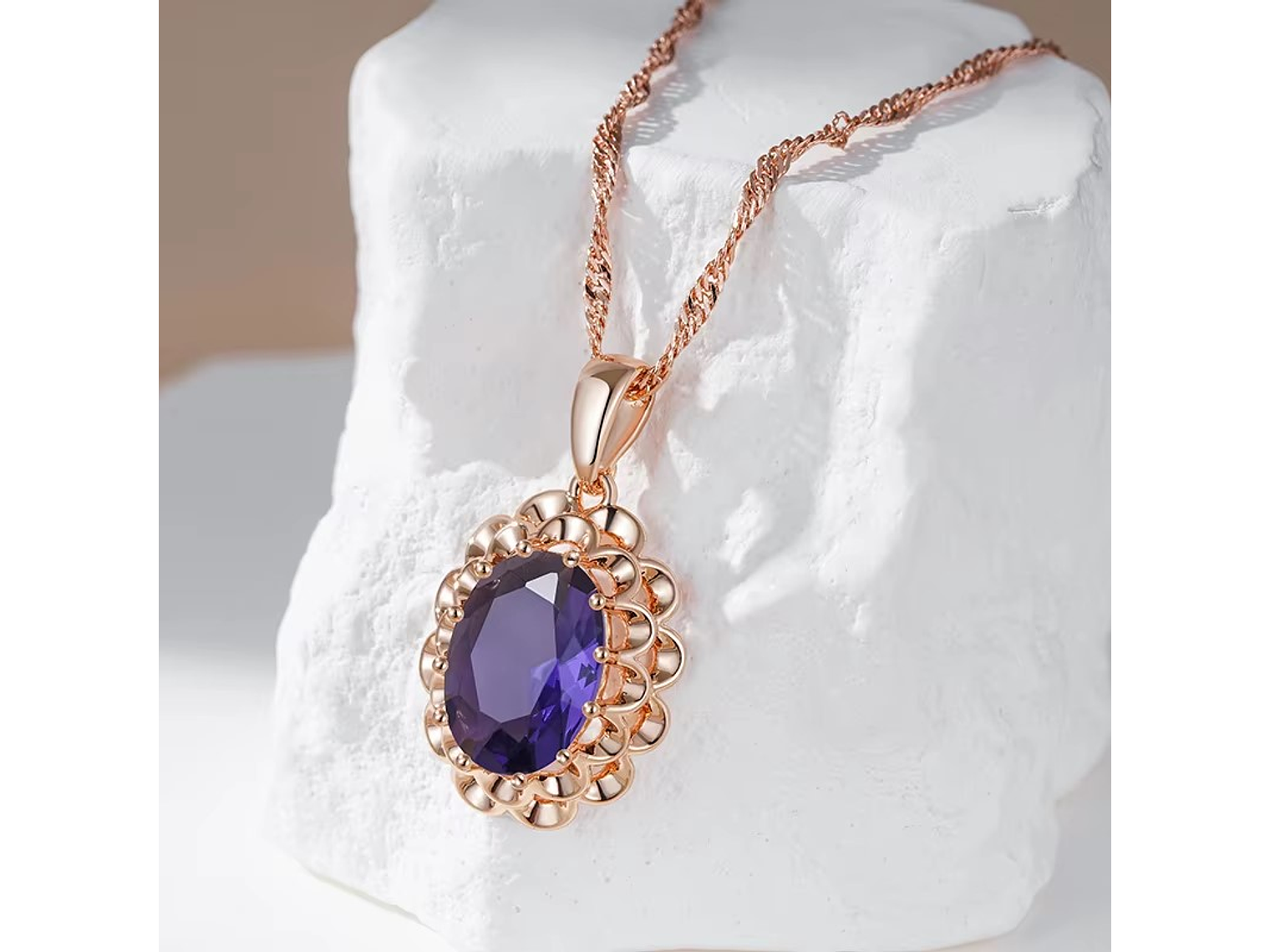 Collar Cristal Purpura Ovalado Dorado Rosa 4