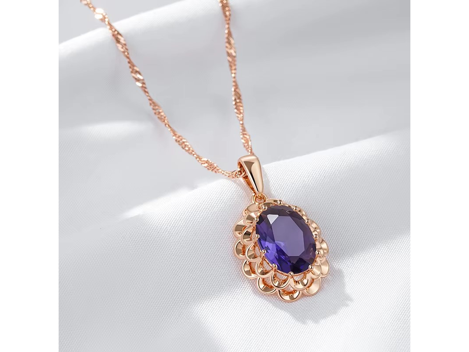 Collar Cristal Purpura Ovalado Dorado Rosa 6