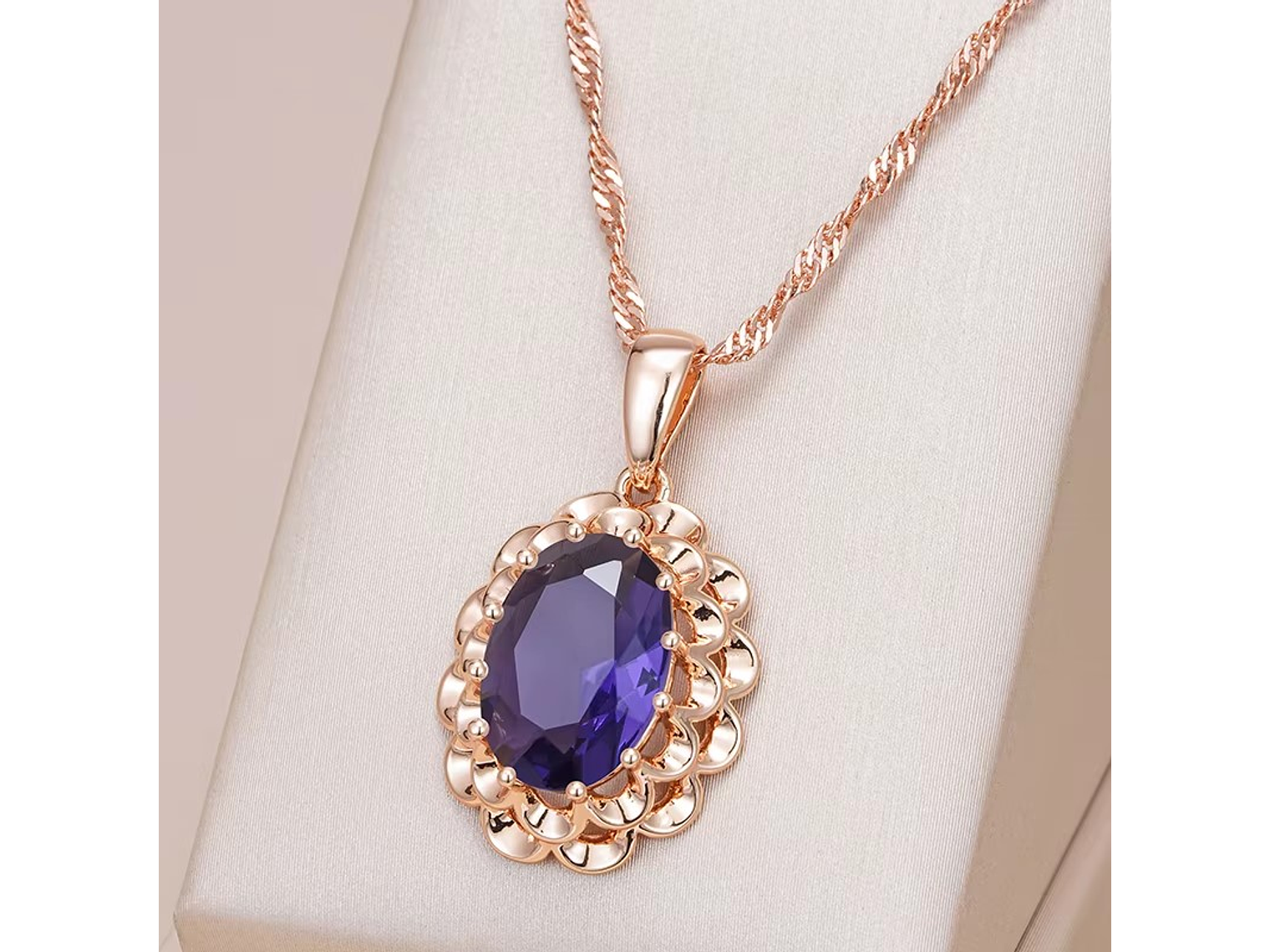 Collar Cristal Purpura Ovalado Dorado Rosa 7