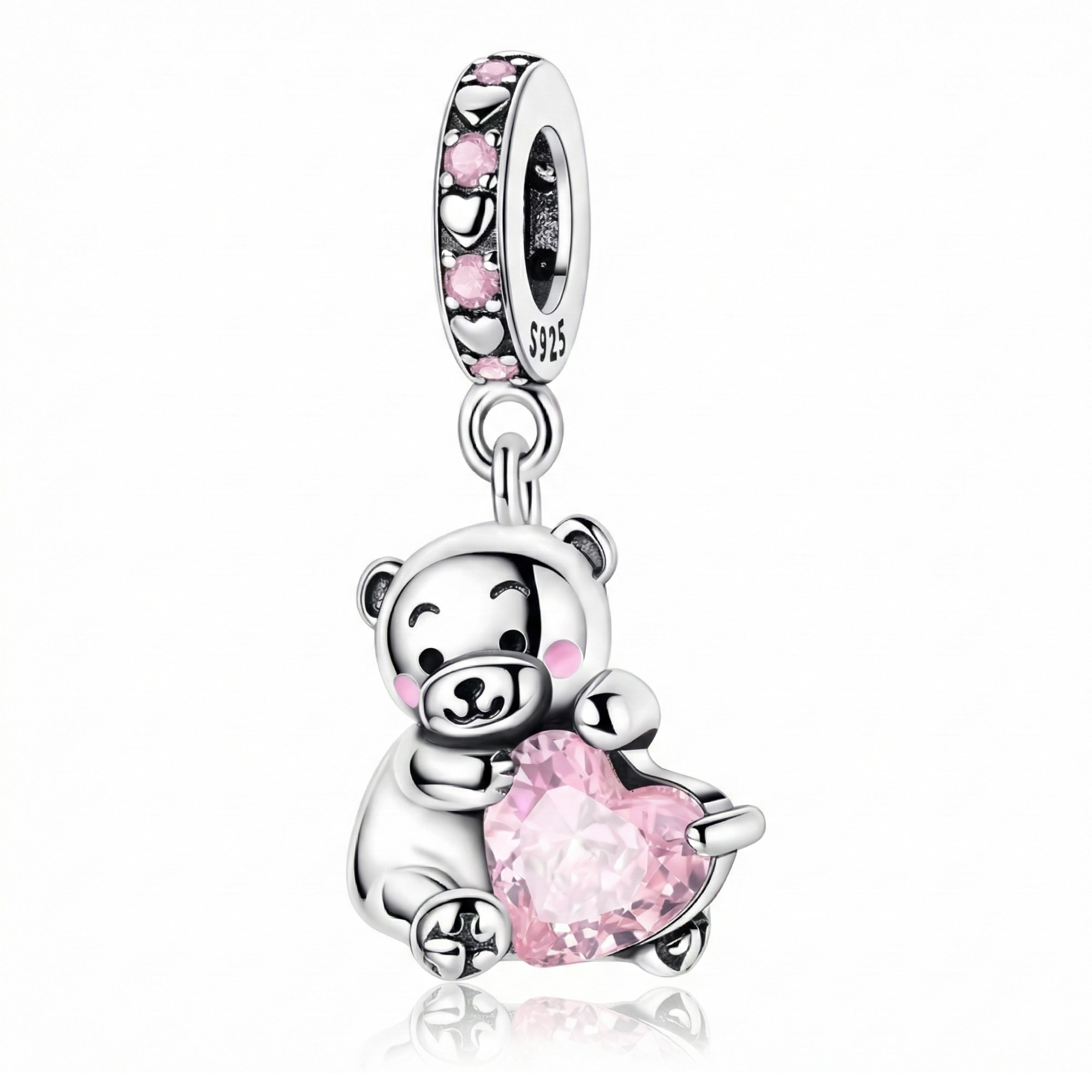 Charm Plata 925 Osito Con Corazón Cristal Rosado