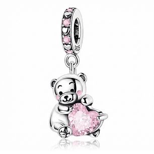 Charm Plata 925 Osito Con Corazón Cristal Rosado