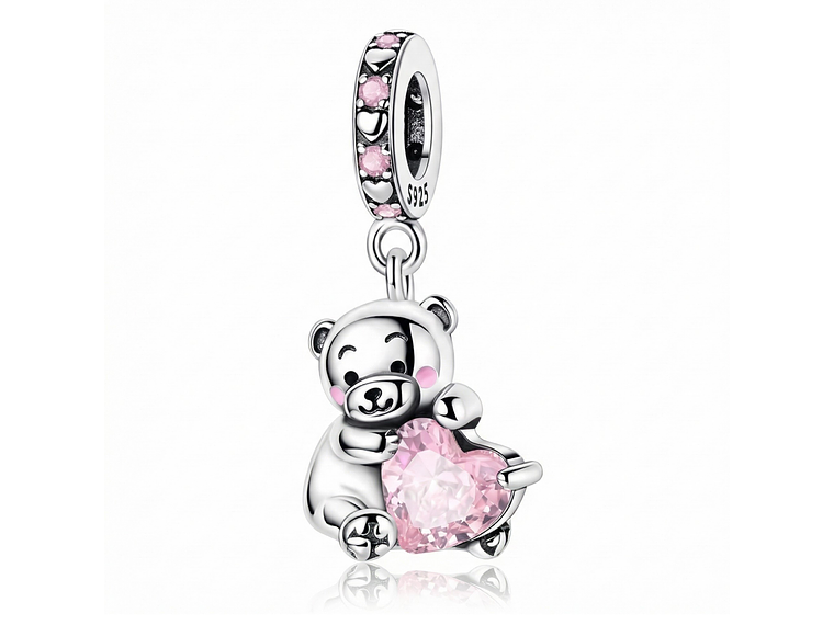 Charm Plata 925 Osito Con Corazón Cristal Rosado 1