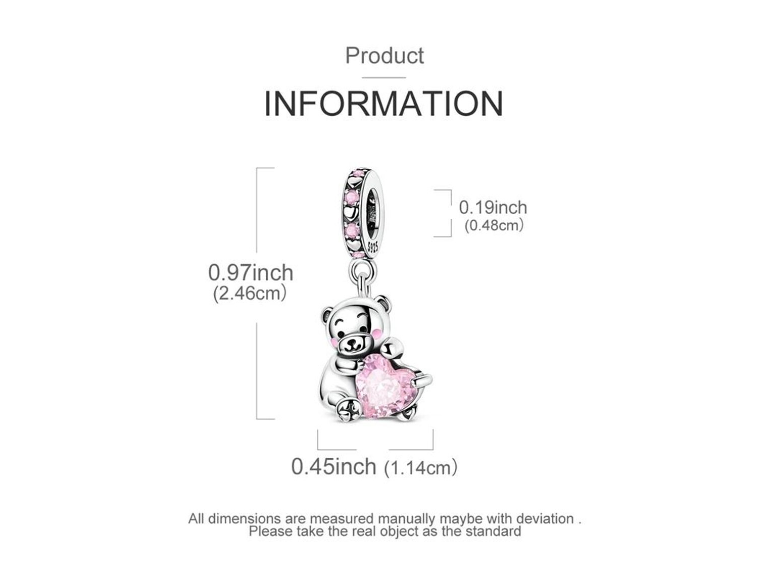 Charm Plata 925 Osito Con Corazón Cristal Rosado 2