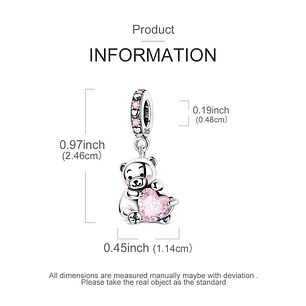 Charm Plata 925 Osito Con Corazón Cristal Rosado