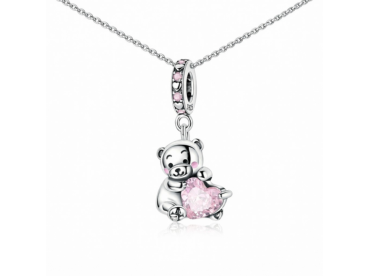Charm Plata 925 Osito Con Corazón Cristal Rosado 3