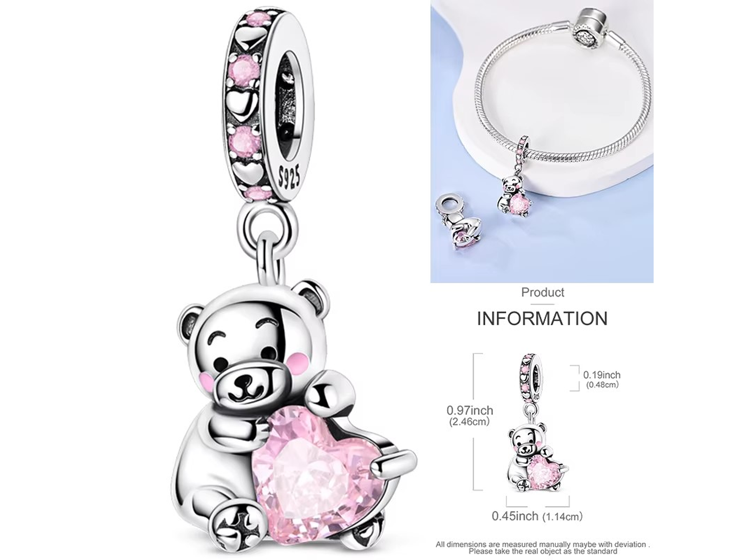 Charm Plata 925 Osito Con Corazón Cristal Rosado 4