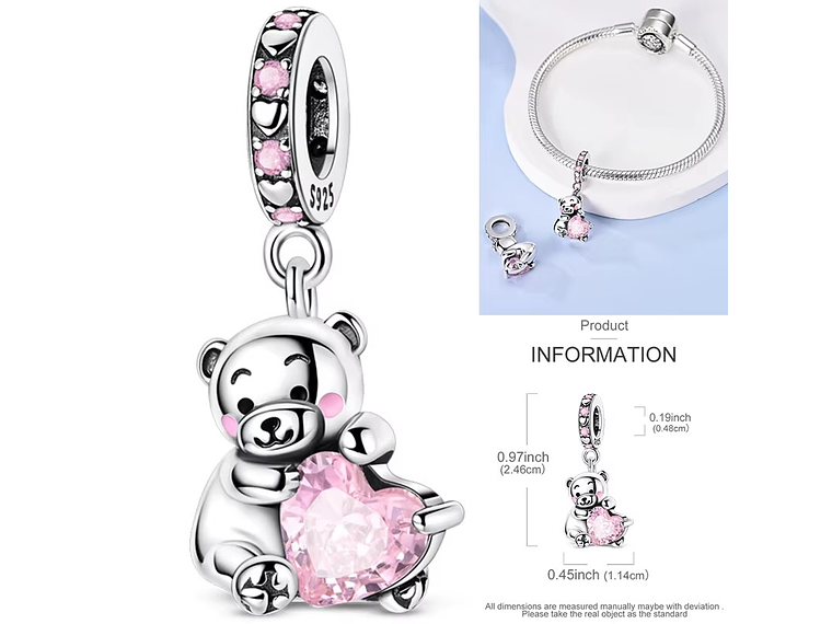 Charm Plata 925 Osito Con Corazón Cristal Rosado 4