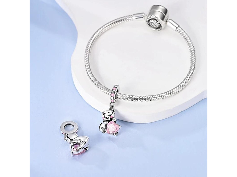 Charm Plata 925 Osito Con Corazón Cristal Rosado 5