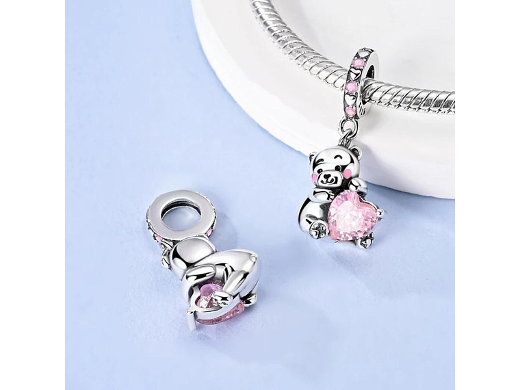 Charm Plata 925 Osito Con Corazón Cristal Rosado 6