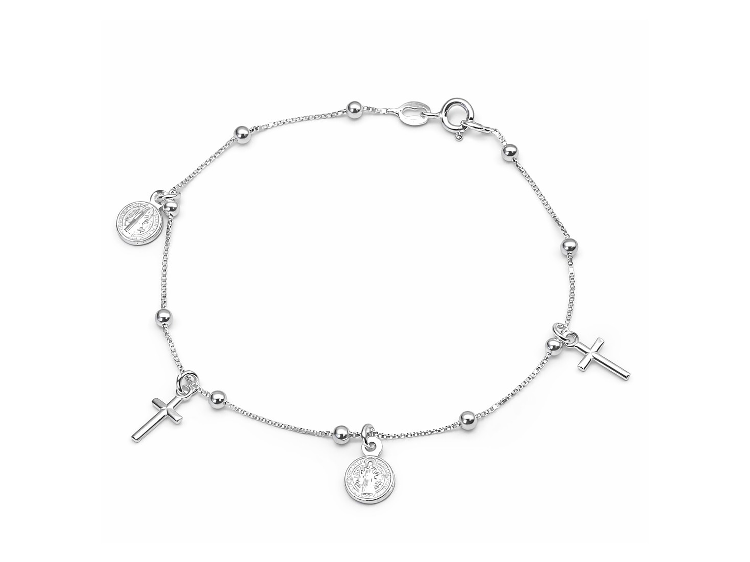 Pulsera Plata 925 San Benito Medallas y Cruz 1