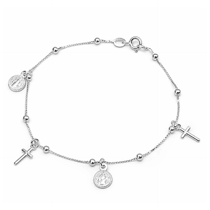 Pulsera Plata 925 San Benito Medallas y Cruz