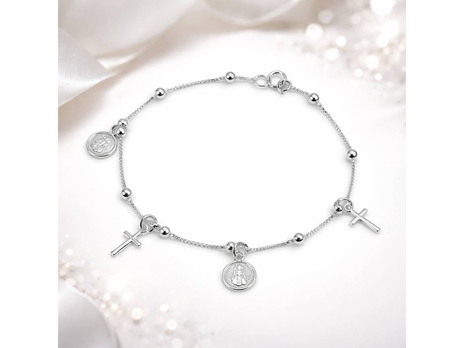 Pulsera Plata 925 San Benito Medallas y Cruz 4