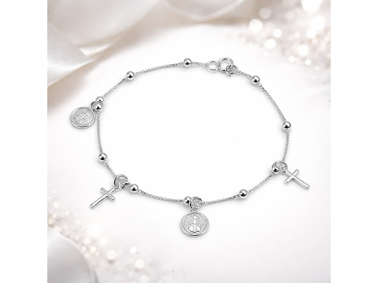 Pulsera Plata 925 San Benito Medallas y Cruz 4