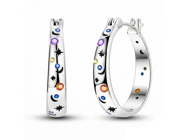 Aros Argolla Plata 925 Estrellas y Lunas 21mm 1