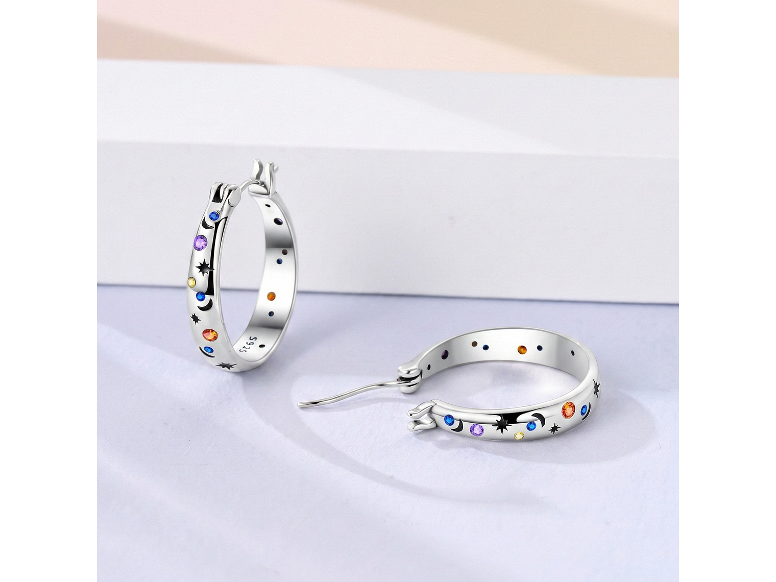 Aros Argolla Plata 925 Estrellas y Lunas 21mm 3