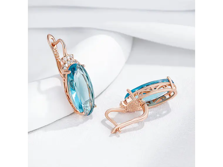 Aros Colgantes Cristal Azul y Circones Dorado Rosa 3