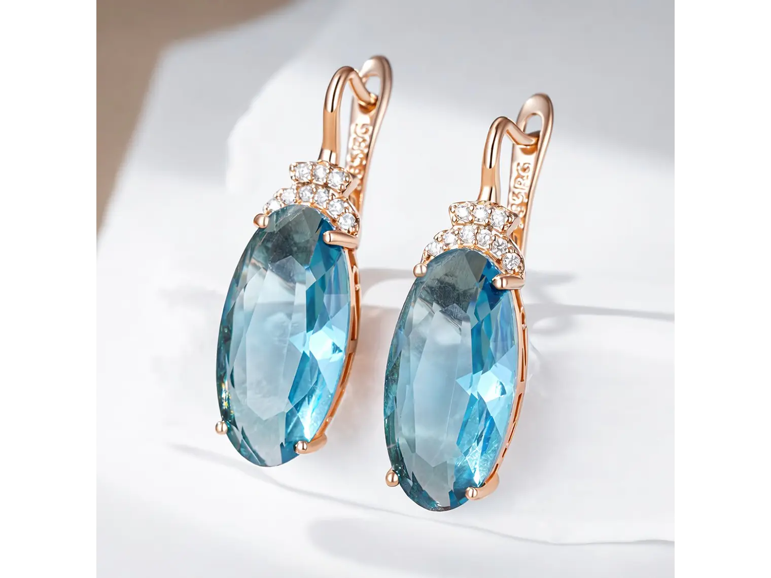 Aros Colgantes Cristal Azul y Circones Dorado Rosa 4