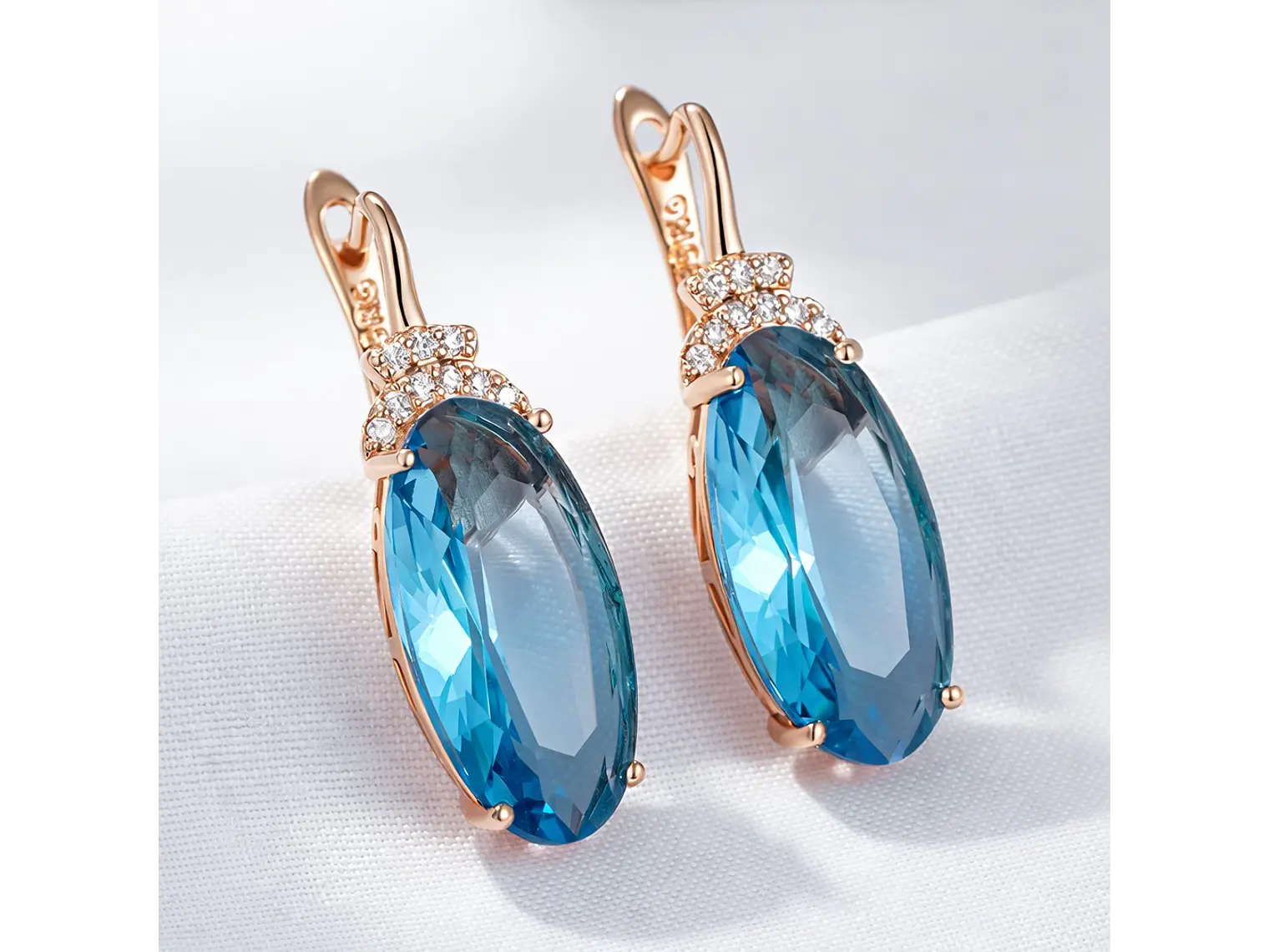 Aros Colgantes Cristal Azul y Circones Dorado Rosa 5