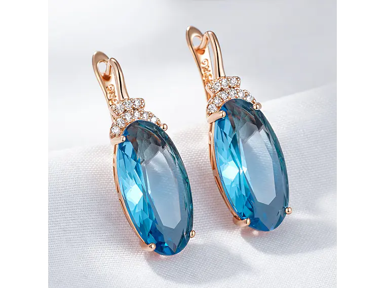 Aros Colgantes Cristal Azul y Circones Dorado Rosa 5