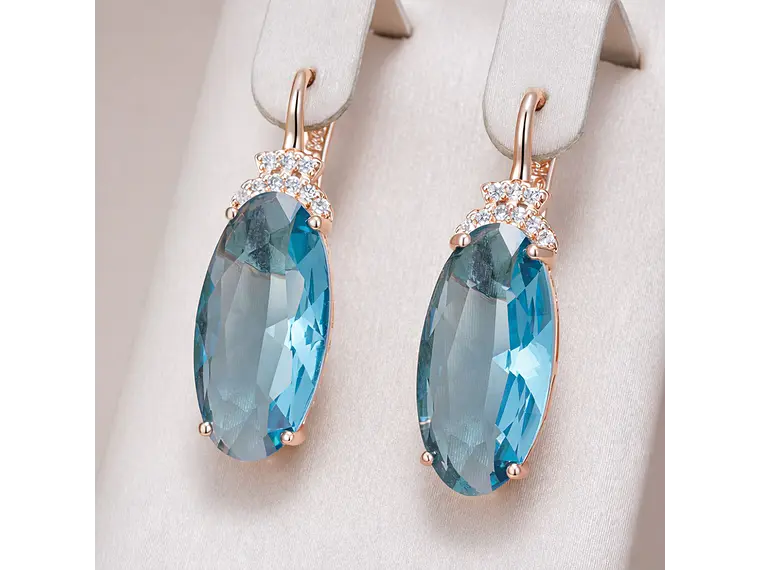 Aros Colgantes Cristal Azul y Circones Dorado Rosa 6