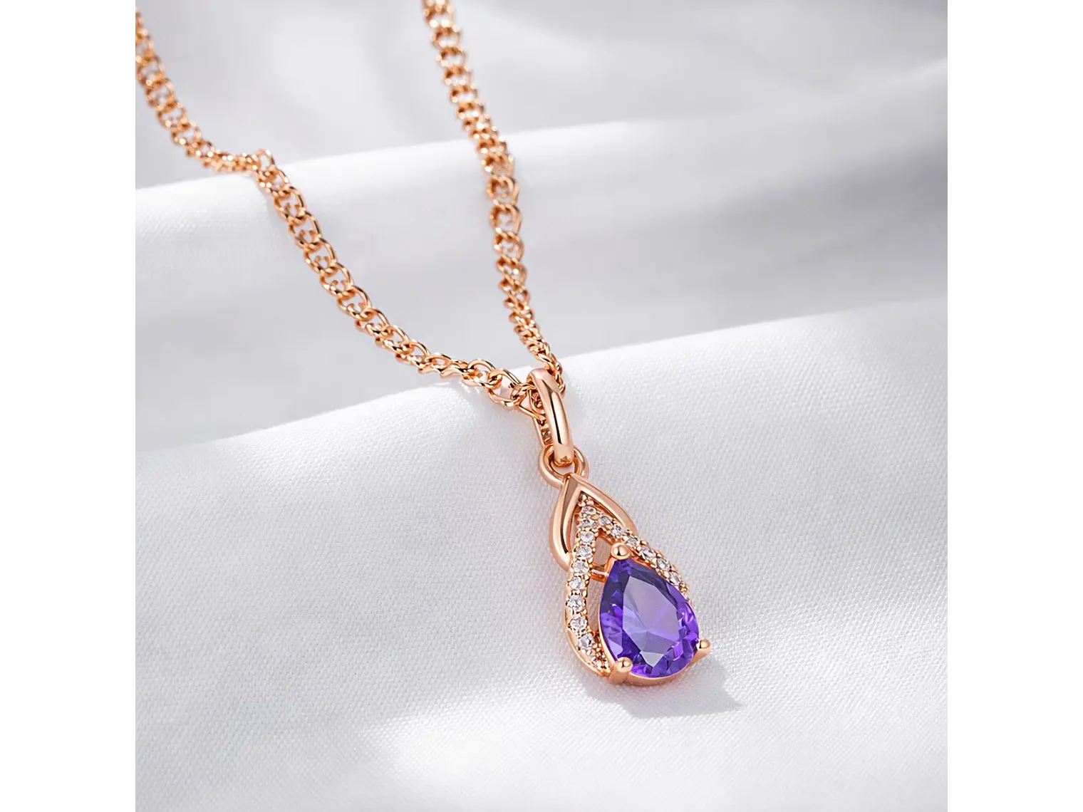 Collar Gota Cristal Morado y Circones Dorado Rosa 4