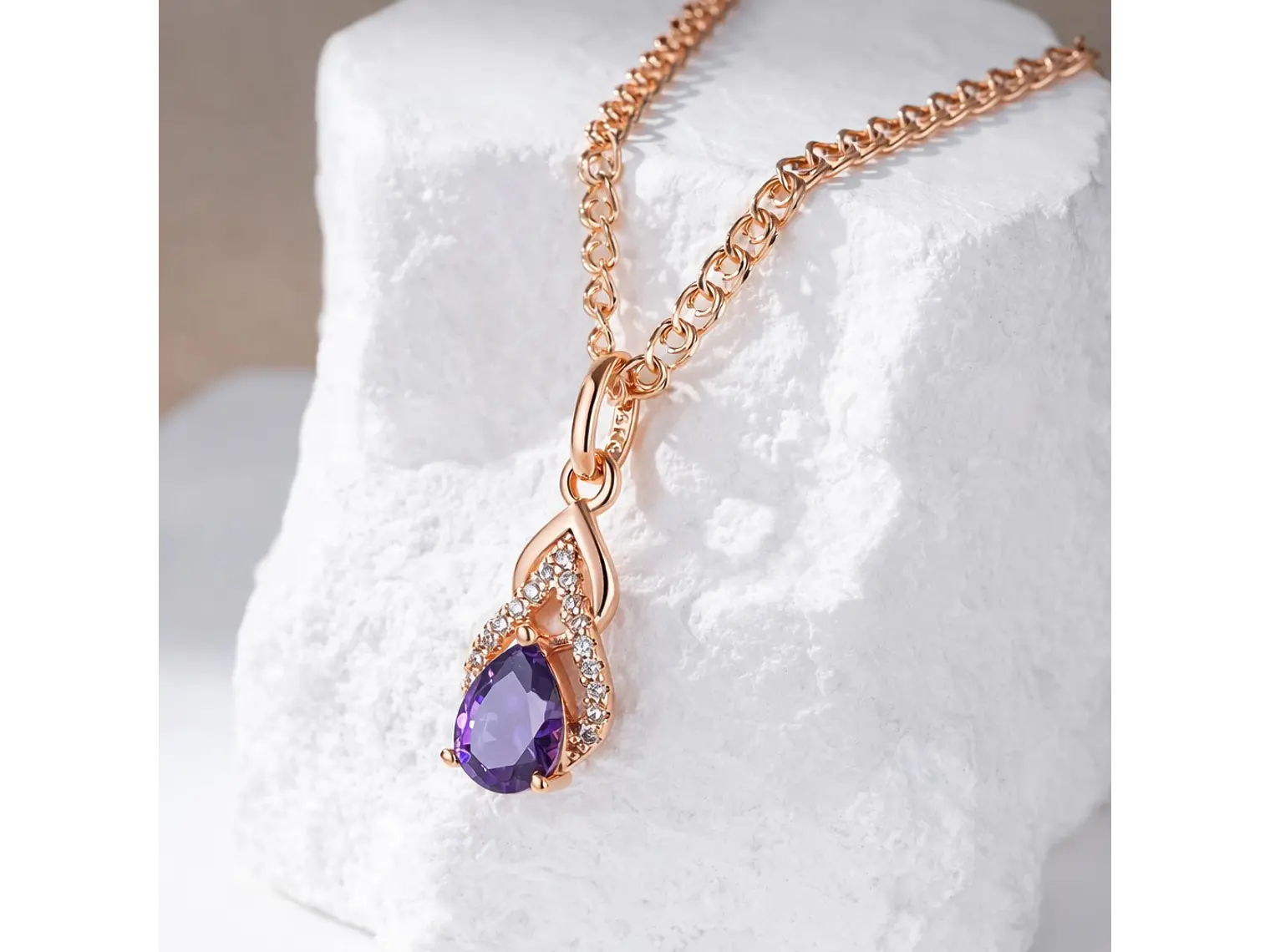 Collar Gota Cristal Morado y Circones Dorado Rosa 5