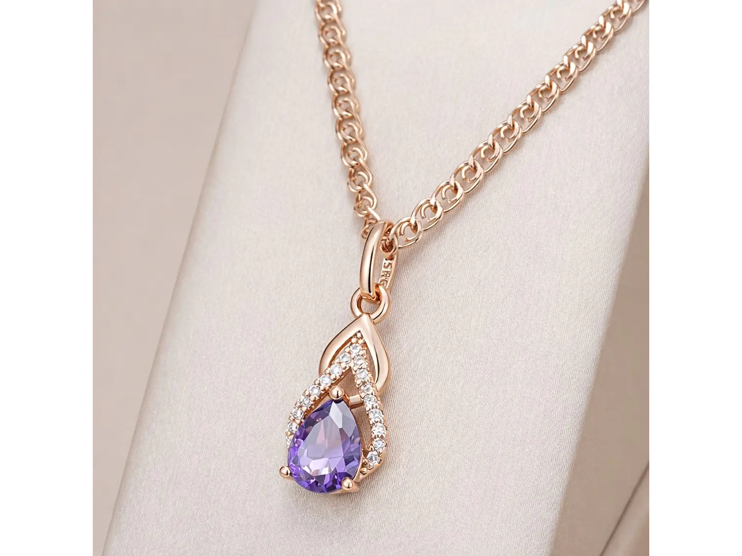 Collar Gota Cristal Morado y Circones Dorado Rosa 7