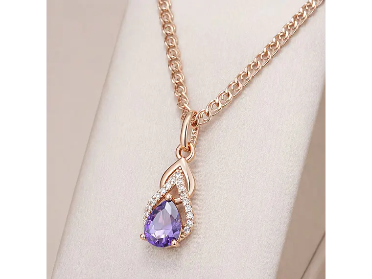 Collar Gota Cristal Morado y Circones Dorado Rosa 7