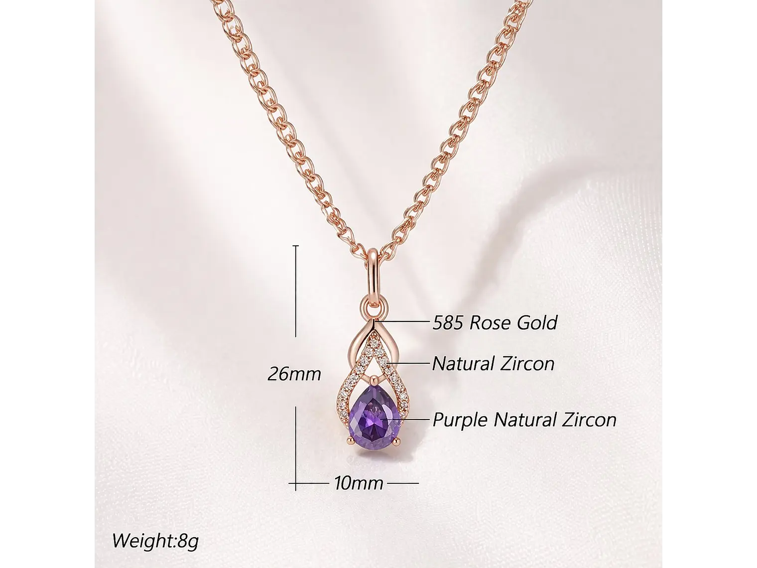 Collar Gota Cristal Morado y Circones Dorado Rosa 8